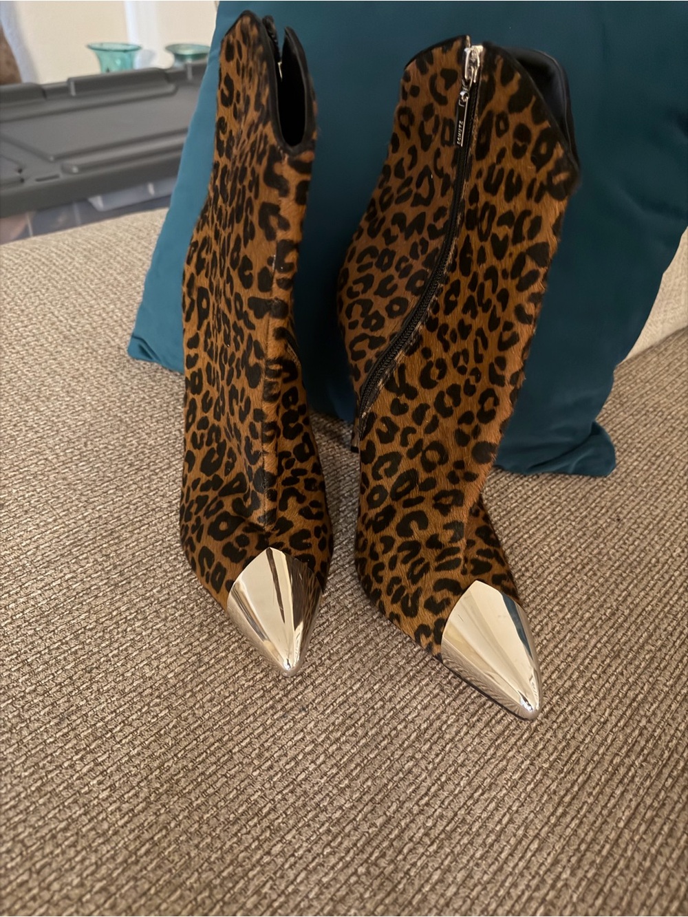 SCHUTZ Pony hair Leopard-Print Booties with Silver Metallic Toe Caps - Picture 4 of 6